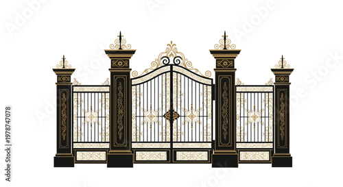A sophisticated black and gold gate displays geometric star patterns and tall finials atop four matching masonry support columns in this refined architectural.