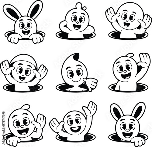 Collection of cartoon characters peeking out of holes vector illustration game character funny character cute character emerging surprise