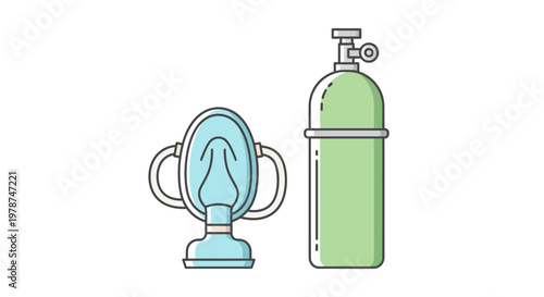 Oxygen mask and green cylinder tank.