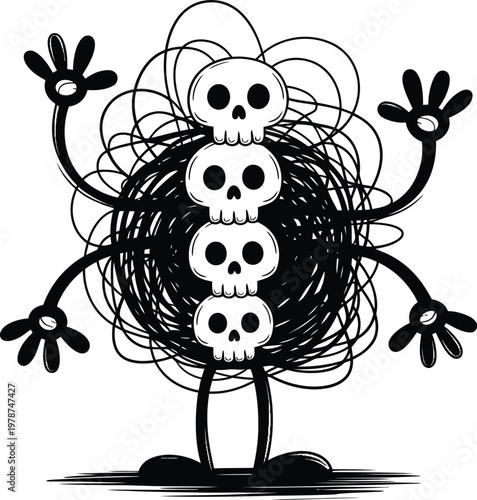 Abstract monster character with multiple skull heads and scribbled body creature abstract scribble illustration character halloween imaginary stylized