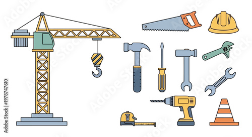 Construction tools and equipment set.