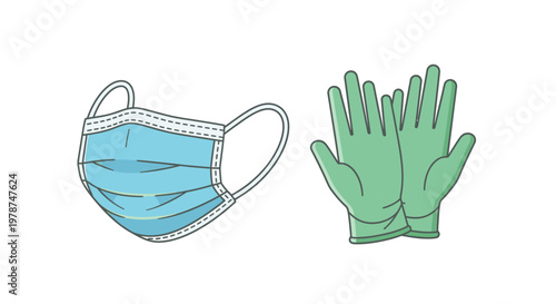 Protective face mask and green gloves.
