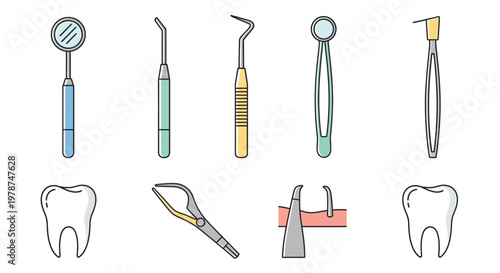 Dental tools and teeth illustrations.