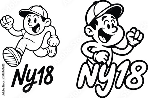 Cartoon boy running in a cap with the text 'ny18' on his shirt and on the ground athletic wear sportswear athletic exercise illustration movement