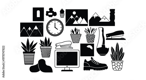 A collection of black and white icons depicts office supplies plants landscapes and everyday objects