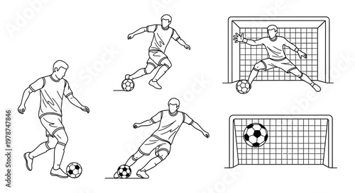 Line art illustration of soccer players in various action poses