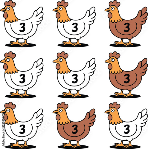 Nine cartoon chickens with the number 3 on their chests chickens counting illustration education collection