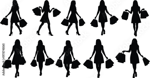 A collection of silhouetted women carrying shopping bags suggesting retail therapy and consumerism high quality professional detailed modern elegant stylish clean