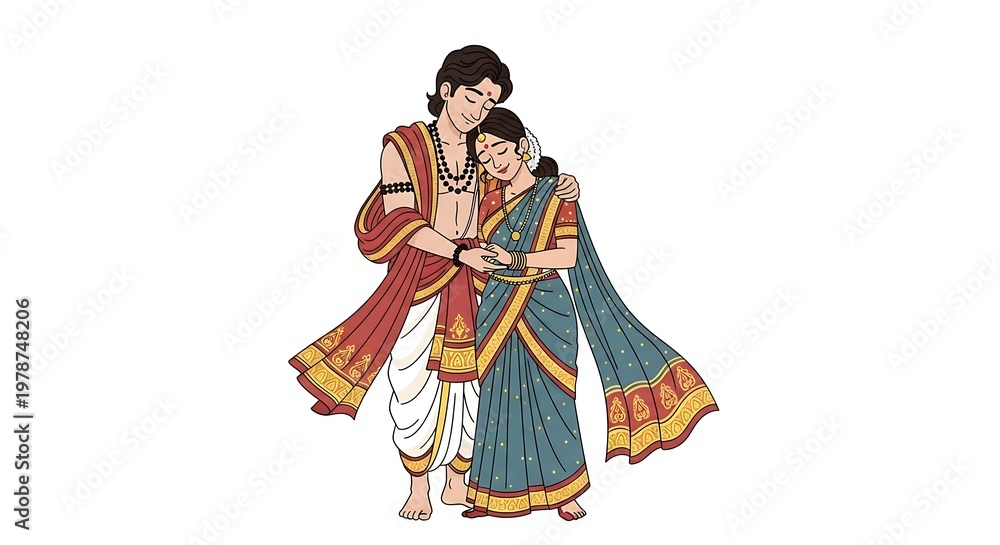 Obraz premium artistic cartoon couple inspired by classical Indian sculpture, seated in an elegant intimate pose, graceful body lines, romantic expression, traditional ornaments, warm earthy tones, tasteful 