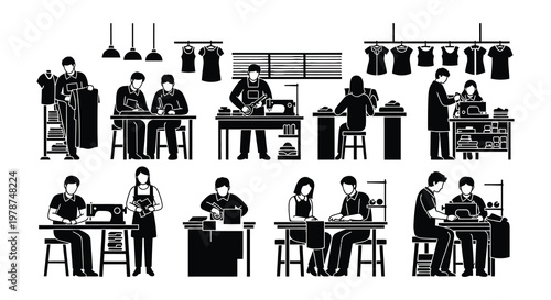 Black and white illustration depicting various people working in a clothing factory