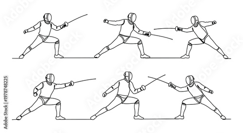 Line art illustration of fencers in dynamic combat poses and protective gear
