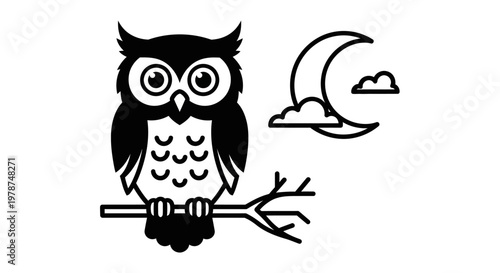 A black and white illustration of an owl perched on a branch under the moon.