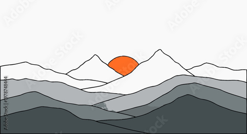 Stylized mountain landscape silhouette with sun rising over peaks