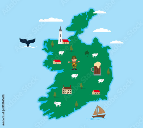 ireland with irish symbols clover shamrock windmill green