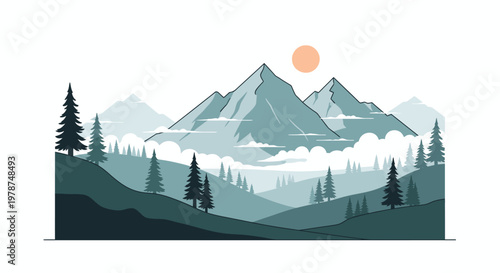 Stylized mountain landscape illustration with trees and sun ideal for design