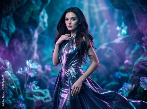 Woman in metallic purple gown in fantasy environment. Elegant female with long dark hair standing among glowing flowers. Mystical and magical concept