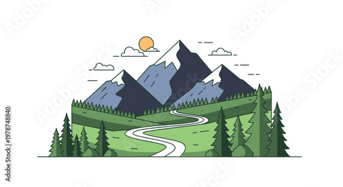 Stylized mountain landscape with sun and road vector illustration
