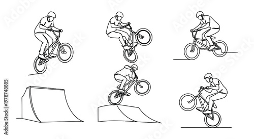 Line art illustration of cyclists performing tricks on bmx bikes