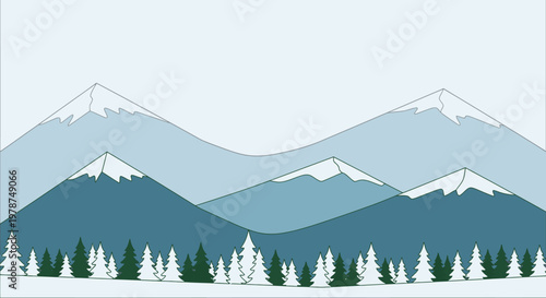 Stylized mountain range illustration with pine trees snow covered peaks and vector design