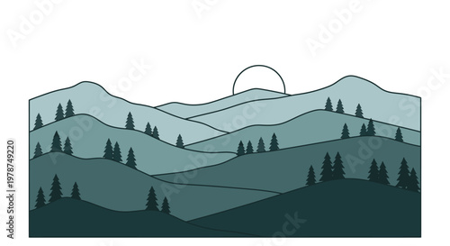 Stylized mountain range with trees and a setting sun against a white backdrop
