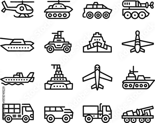Set of vector icons for military and transport vehicles helicopters tanks ships airplanes trucks with vehicle icons military transport helicopter airplane
