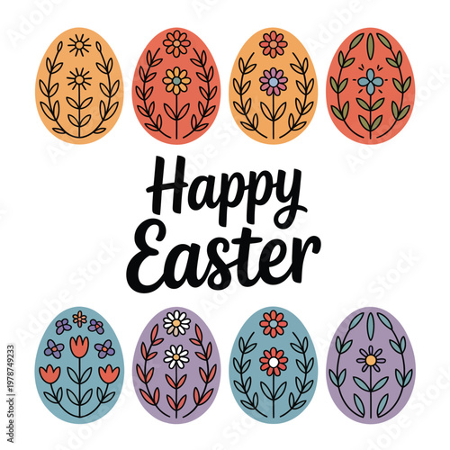 Easter eggs decorated with floral patterns surround a central greeting message on white space.