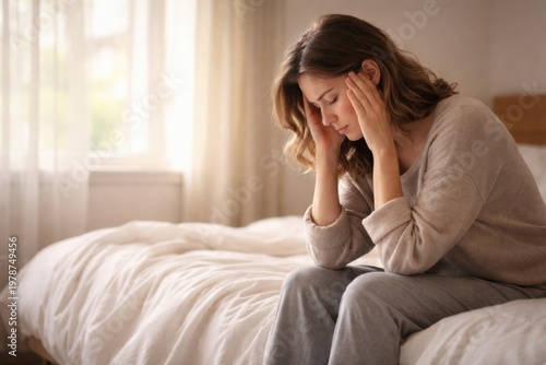 A woman sits on the edge of a bed, holding her head in distress, in a softly lit bedroom.