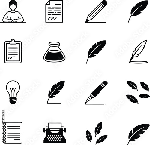 Writing and education icons: quills typewriter lightbulb paper with writing tools education typewriter lightbulb illustration creative knowledge learning