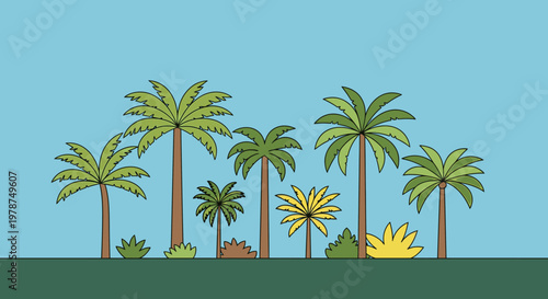 Stylized palm trees against blue sky illustration for design projects