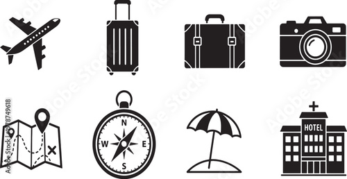 Vector illustration of airport scene with airplane and building in a clean travel icon style