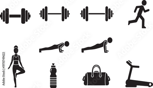 A simple vector illustration showing a collection of black fitness and tool icons including equipm