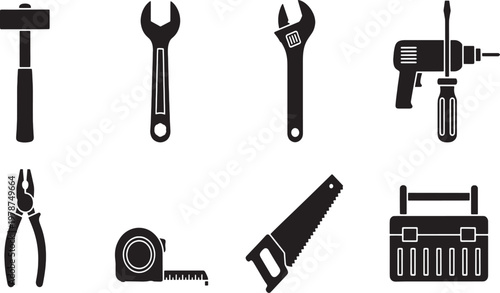 A comprehensive vector set of metal tools and steel equipment icons featuring a hammer, screw, and key design symbol for industrial work or technology business illustrations