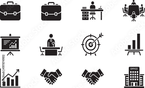 A comprehensive vector set of black business and computer icons featuring web, network, and money symbols for professional media illustration
