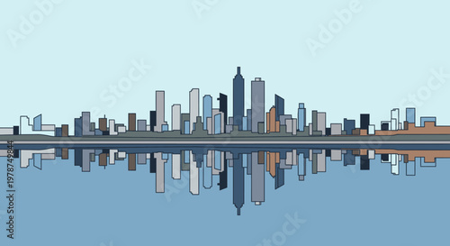 Stylized skyline illustration reflecting on water with minimalist design