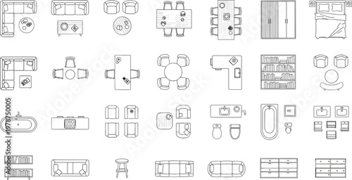 Interior Furniture and Room Layout Icon Set with Living Room, Bedroom, Dining Room, and Bathroom Designs for Home and Office Spaces