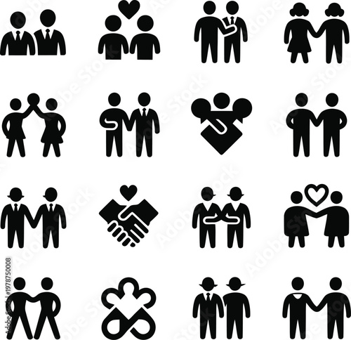 People connection and relationship icon set with connection relationship friendship handshake together illustration silhouette iconography companion
