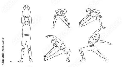 Line art illustration of people performing various stretching exercises