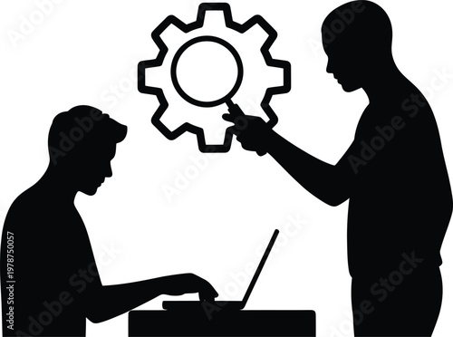 Teamwork concept with two people working on a project and a gear symbol vector illustration teamwork collaboration business technology management