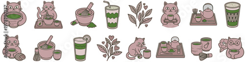 Set of cute kawaii pink cat characters enjoying Japanese matcha green tea ceremony with whisks bowls and lattes for healthy lifestyle and cafe branding concepts isolated on white background