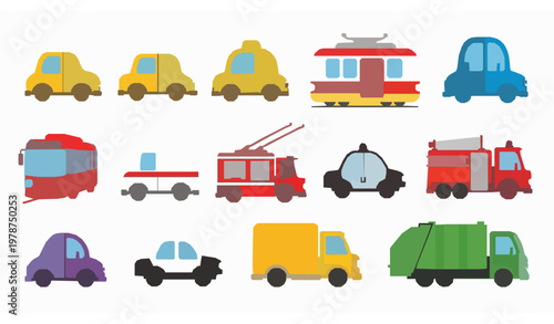 Cute cartoon city transport doodle set with cars bus taxi ambulance and trucks for kids vector