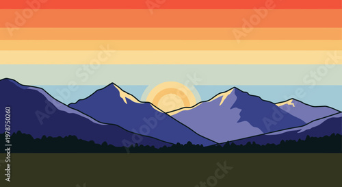 Stylized sunset landscape illustration with mountains and vibrant colors