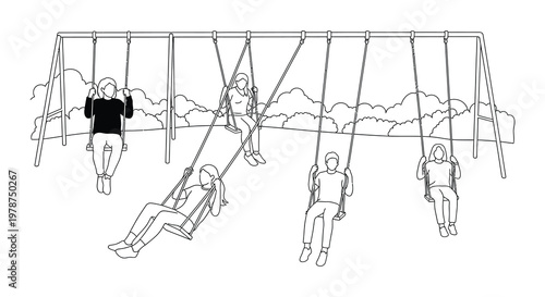 Children enjoying a playground swing set on a sunny day