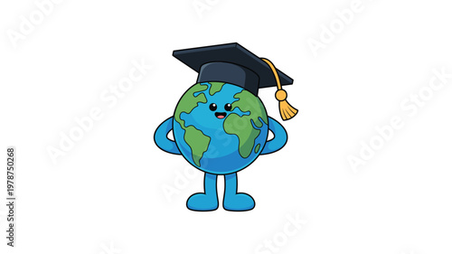 Blue cartoon character wearing a graduation cap and gown holding a globe keywords