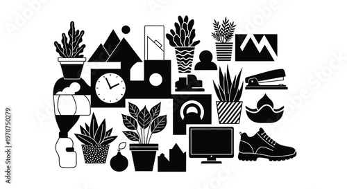 A black and white illustration depicts a collection of objects including plants office supplies and everyday items