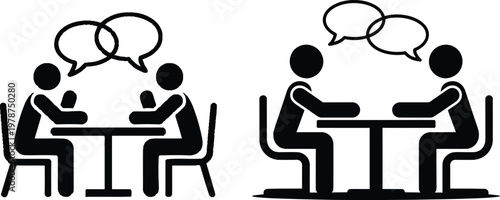 Two people talking at a table with speech bubbles representing conversation and communication speech bubble conversation communication dialogue discussion