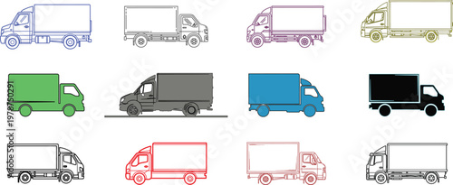 Collection of twelve distinct delivery truck designs in various colors and styles, showcasing different truck types.