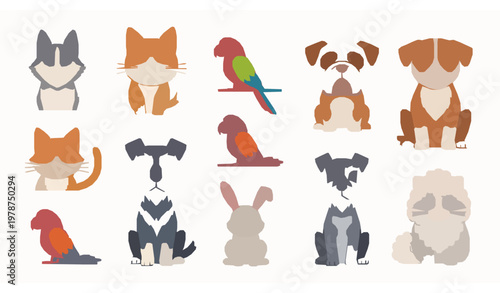 Cute pets vector set with cats dogs parrots and rabbit in flat cartoon style for pet care design