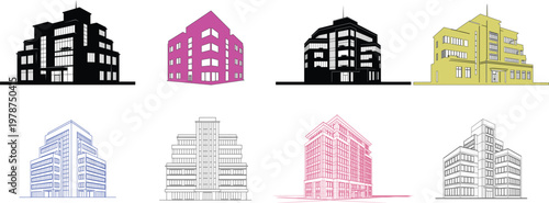 Collection of diverse architectural building designs for urban planning and real estate development projects diverse styles and colors.