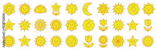 Large set of cute yellow nature emoji icons featuring smiling suns stars moons clouds and flowers in flat line art style for environmental and social media designs isolated on white background