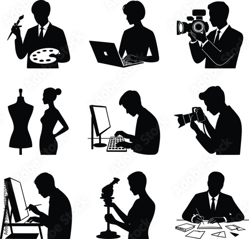Silhouettes of people engaged in various professions and creative activities vector illustration set professions creativity designer musician photographer